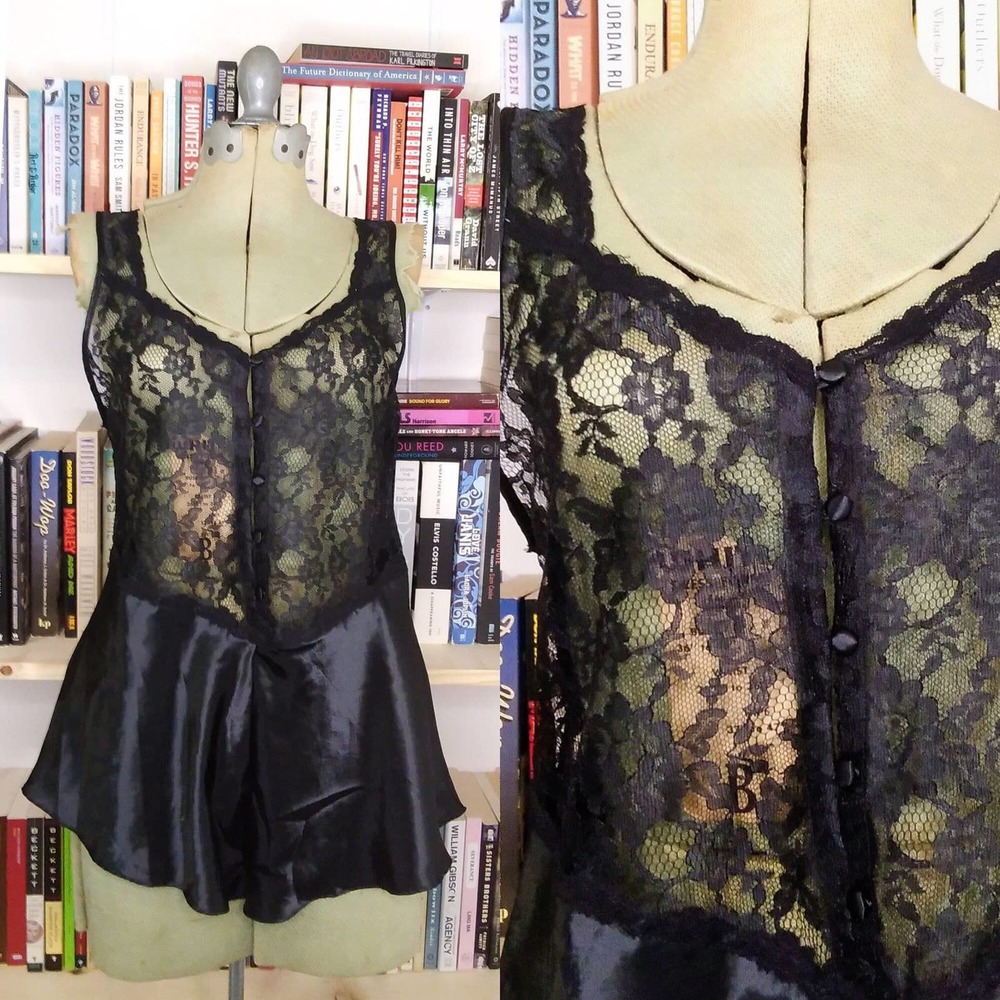 Vintage 90s Victoria's Secret Gold Label Black Lace Teddy Romper Small